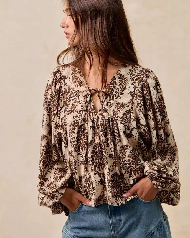 BiBi Printed Woven Front Tied Blouse with Baloon Sleeve - Sleekdenim.com