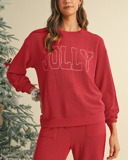 Fiery Red Crinkle Rib JOLLY Pattern Long Sleeve Top and Pockets Pants Set