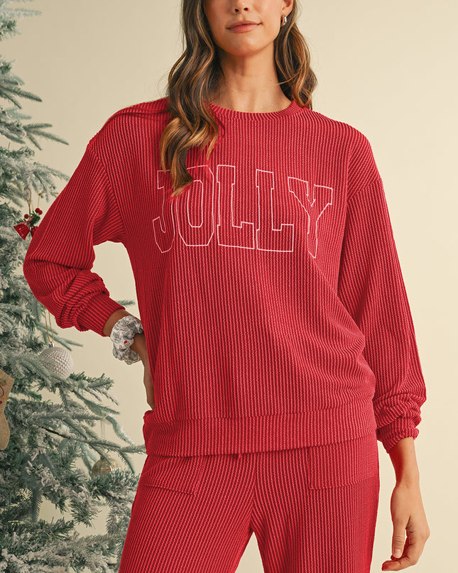 Fiery Red Crinkle Rib JOLLY Pattern Long Sleeve Top and Pockets Pants Set