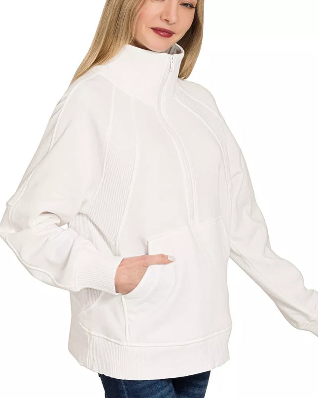 Zenana Half Zip Fleece Sweatshirt with kangaroo Pocket - Sleekdenim.com