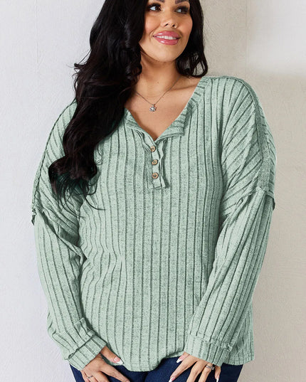Basic Bae Full Size Ribbed Half Button Long Sleeve T-Shirt - Sleekdenim.com
