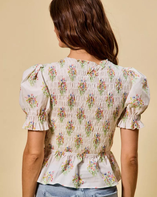 SO ME Floral Cotton Smocked Short Sleeves Blouse - Sleekdenim.com