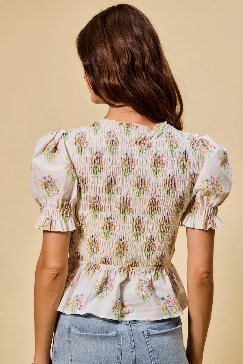 SO ME Floral Cotton Smocked Short Sleeves Blouse - Sleekdenim.com