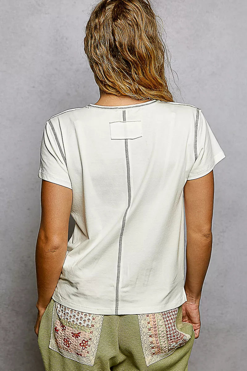 POL Contrast Stitching Round Neck Short Sleeve T-Shirt - Sleekdenim.com