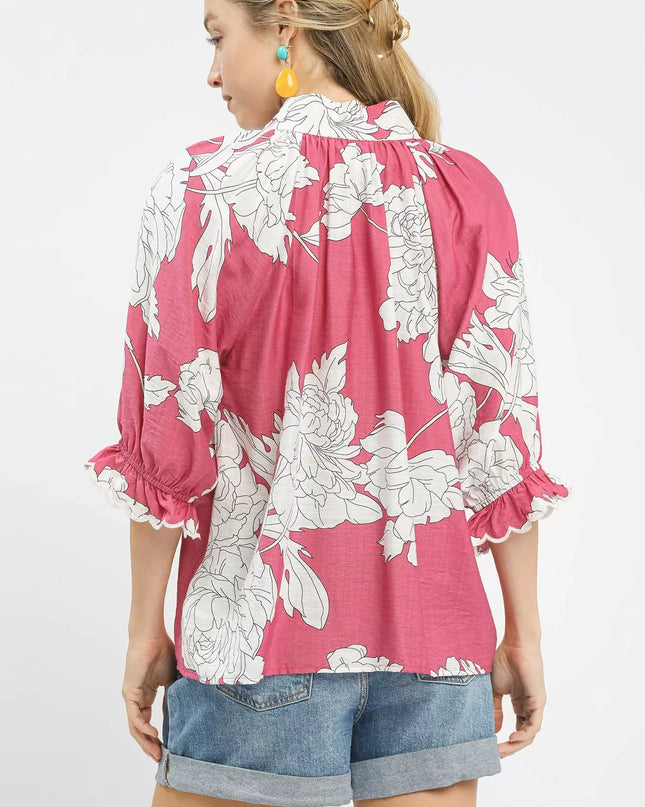 Umgee Peony Illustration Print Flounce Sleeve Blouse - Sleekdenim.com