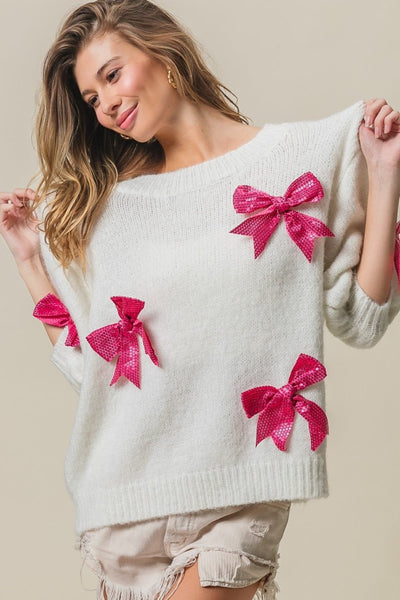 BiBi Sequin Bow Puff Sleeve Sweater | Sleekdenim.com