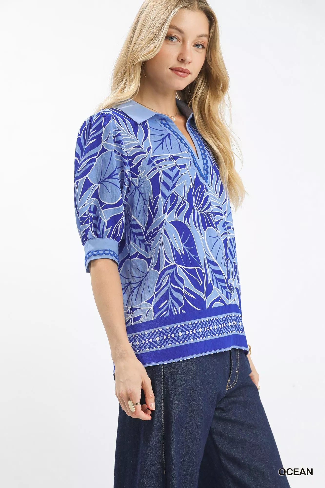Umgee Tropical Print Puff Sleeve Blouse - Sleekdenim.com