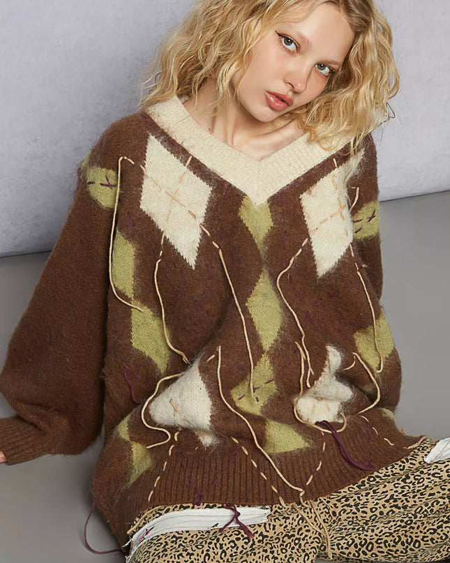 POL V-Neck Argyle Pattern Mohair Sweater with Contrast Exposed Stitch Detail - Sleekdenim.com