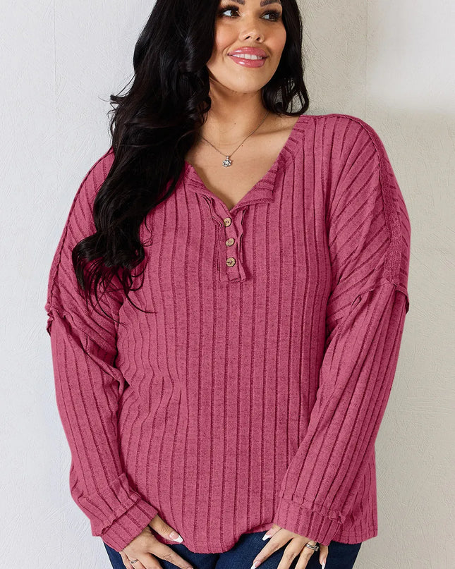 Basic Bae Full Size Ribbed Half Button Long Sleeve T-Shirt - Sleekdenim.com