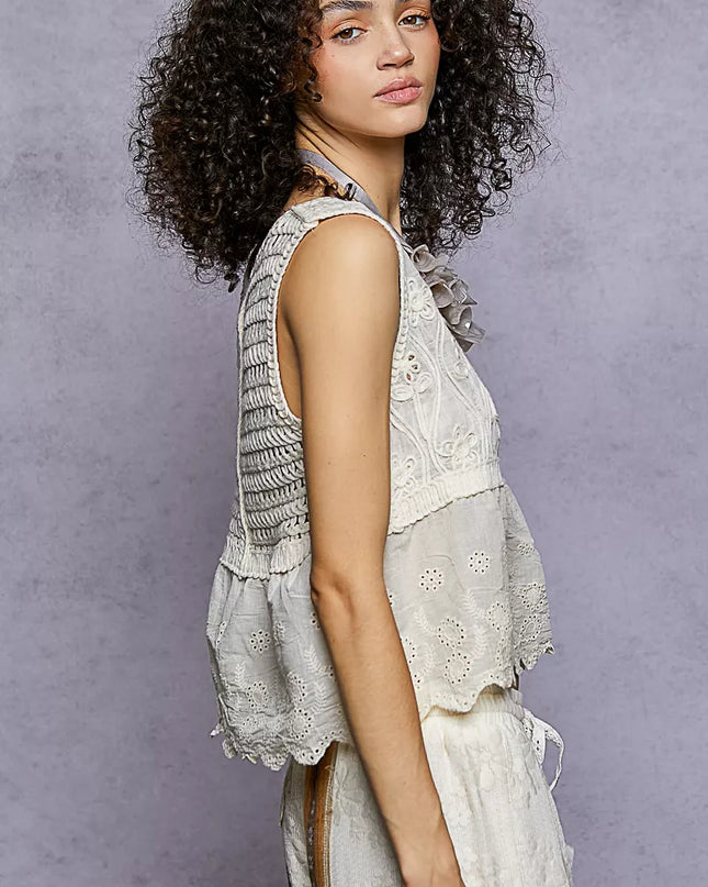 POL Sleeveless Flowy Fit Crochet Top with Scalloped Border Accents - Sleekdenim.com