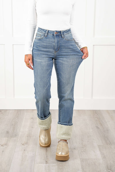 Judy Blue The Aspen High Rise Medium Wash Shearling Cuff Straight Leg Jeans