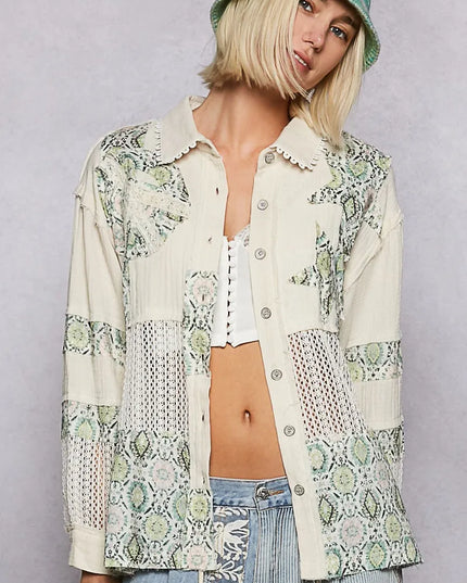 POL Printed Crochet Patchwork Button-Up Shirt - Sleekdenim.com