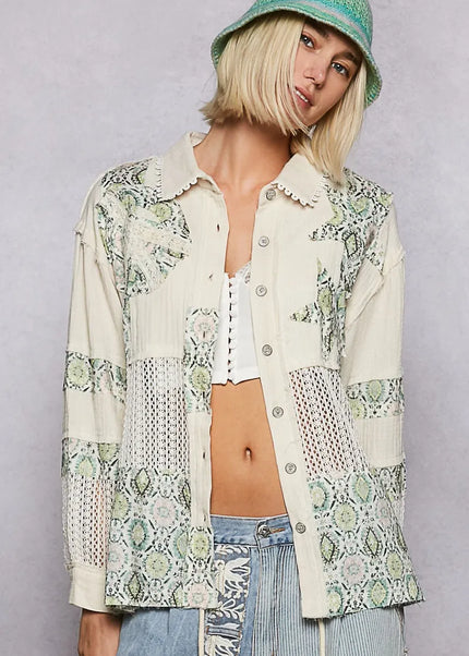 POL Printed Crochet Patchwork Button-Up Shirt - Sleekdenim.com