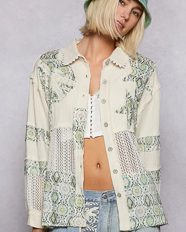 POL Printed Crochet Patchwork Button-Up Shirt - Sleekdenim.com