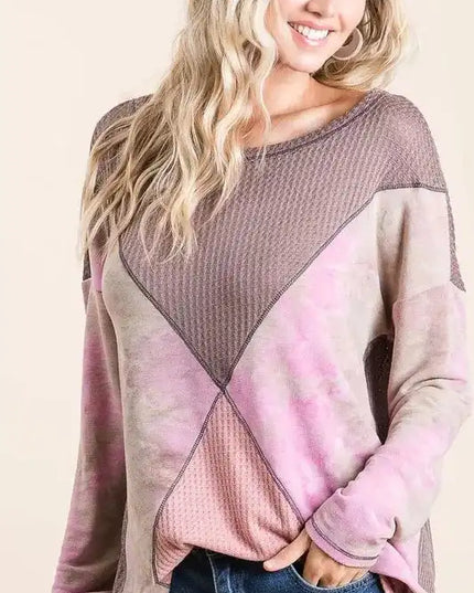 BiBi Thermal Waffle Color Block Top with Tie Dye - Sleekdenim.com