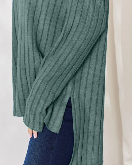 Basic Bae Full Size Ribbed Half Button Long Sleeve High-Low T-Shirt - Sleekdenim.com