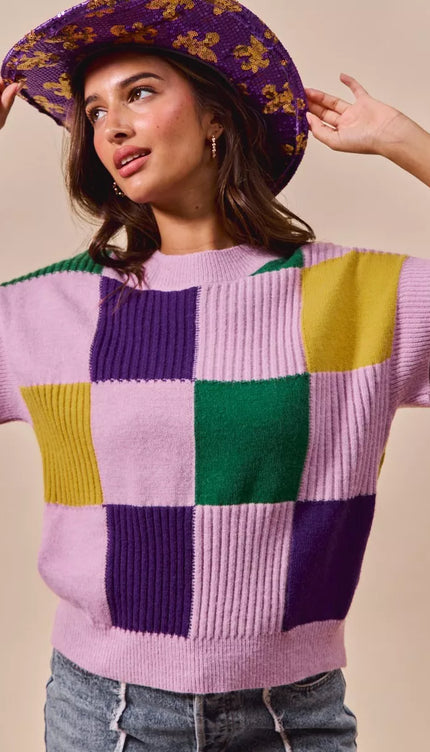 SO ME Mardi Gras Check Plaid Casual Sweater Top - 2