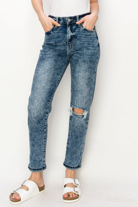 AT1061MMD HIGH RISE STRETCH DISTRESSED MOM JEANS - Sleekdenim.com