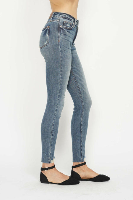 Judy Blue Full Size Tummy Control Vintage Wash Hem Destroy Skinny Jeans | Sleekdenim.com