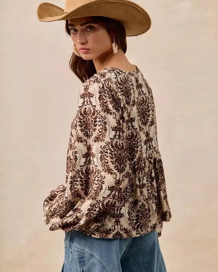 BiBi Printed Woven Front Tied Blouse with Baloon Sleeve - Sleekdenim.com