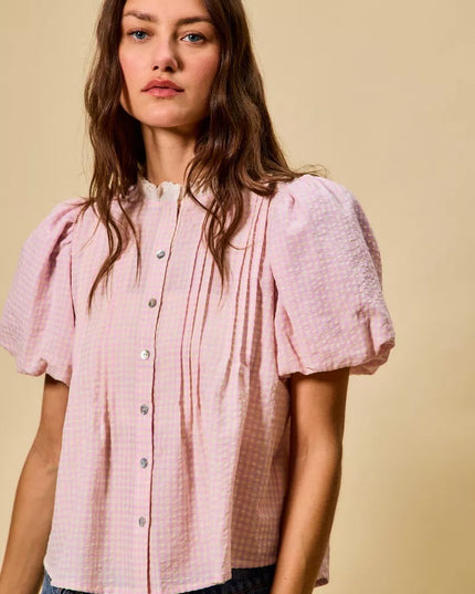 SO ME Gingham Lace Trim Button Bubble Sleeves Blouse - Sleekdenim.com