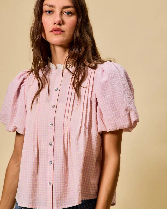 SO ME Gingham Lace Trim Button Bubble Sleeves Blouse - Sleekdenim.com