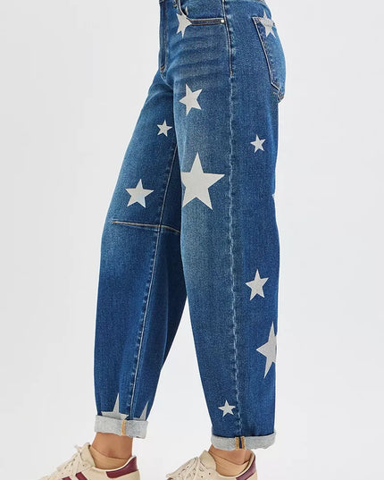 RISEN Mid Rise Ankle Length Relaxed Barrel Star Printed Jeans - Sleekdenim.com