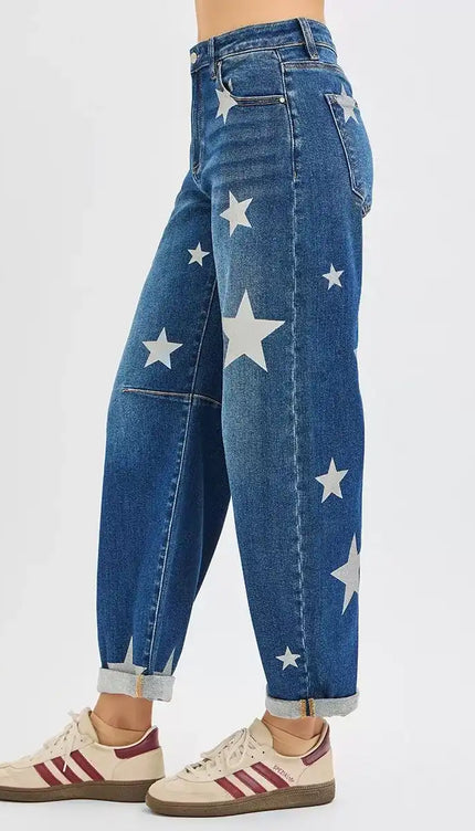 RISEN Mid Rise Ankle Length Relaxed Barrel Star Printed Jeans - Sleekdenim.com