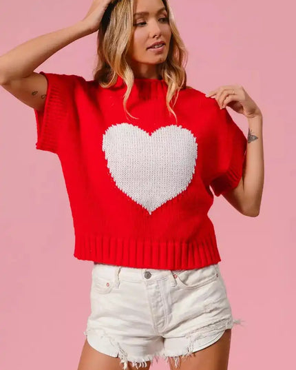 BiBi Rib Banded Heart Pattern Valentines Sweater - Sleekdenim.com