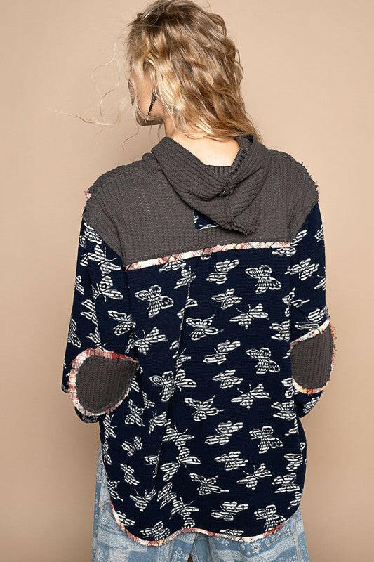 POL Butterfly Waffle-Knit Half Button Hooded Knit Top | Sleekdenim.com