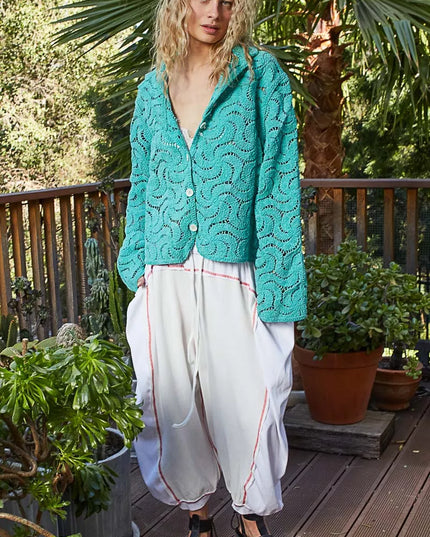 POL Button Down Crochet Openwork Shirt - Sleekdenim.com