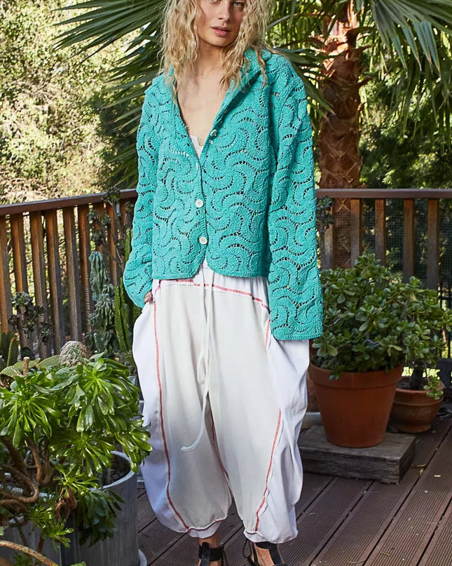 POL Button Down Crochet Openwork Shirt - Sleekdenim.com