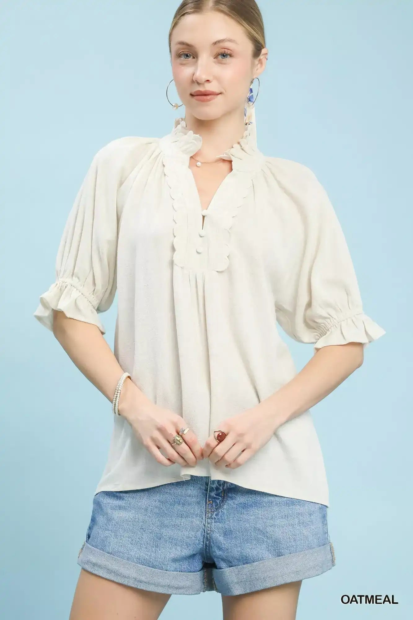 Umgee Linen Scalloped Ruffle Neck Blouse - Sleekdenim.com