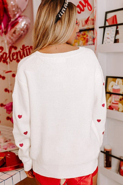 Red Heart Shape Drop Shoulder Round Neck Sweater | Sleekdenim.com