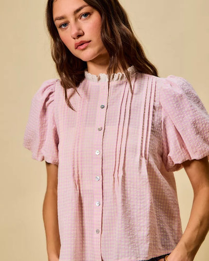 SO ME Gingham Lace Trim Button Bubble Sleeves Blouse - Sleekdenim.com
