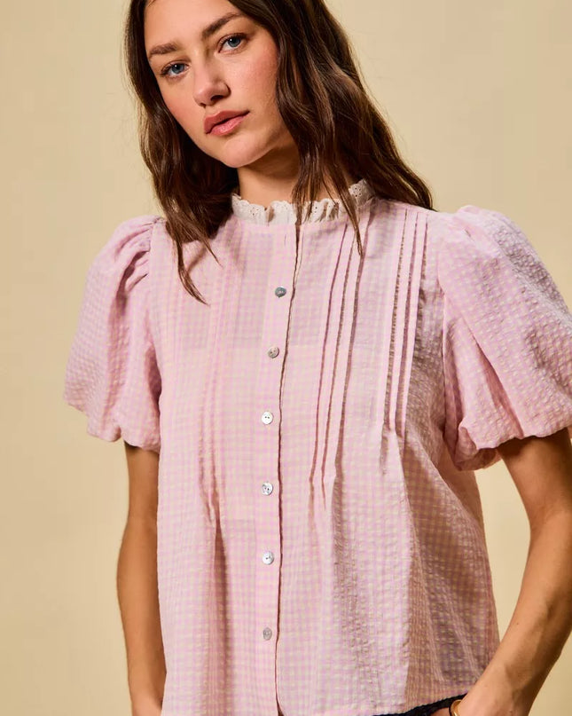 SO ME Gingham Lace Trim Button Bubble Sleeves Blouse - Sleekdenim.com