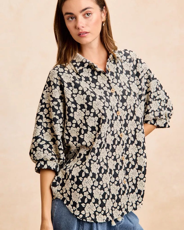 BiBi Floral Jacquard Short Dolman Sleeves Shirt - Sleekdenim.com