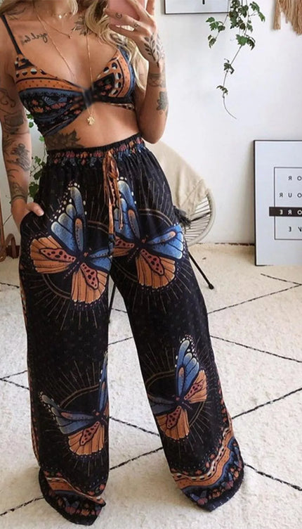 Boho Butterfly Print Top and Pants Set - Sleekdenim.com
