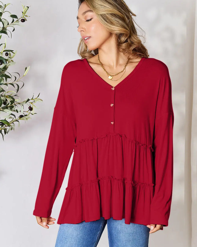 Double Take Half Button Long Sleeve Ruffle Hem Blouse - Sleekdenim.com