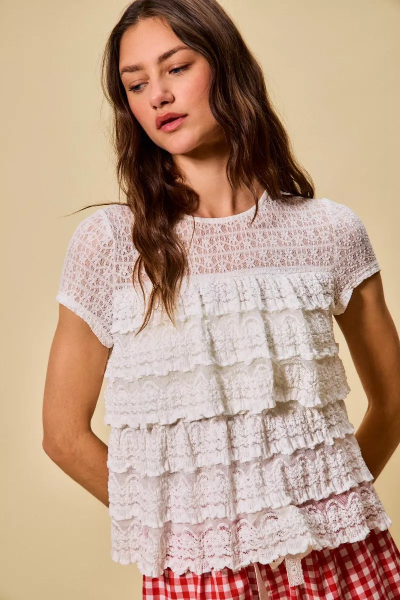 SO ME Ruffle Tiered Stretch Lace Short Sleeves Knit Top - Sleekdenim.com