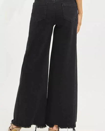 RISEN Tummy Control High Rise Palazzo Leg Frayed Hem Jeans - Sleekdenim.com