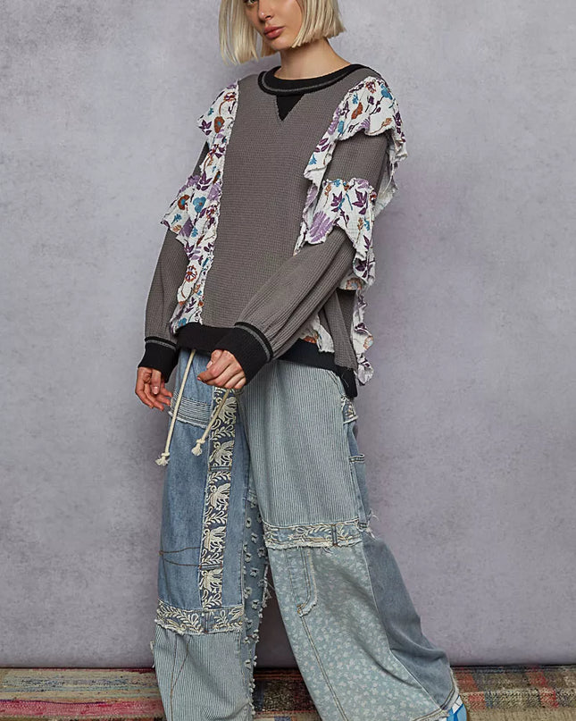 POL Round Neck Sweater with Floral Ruffle Detail - Sleekdenim.com