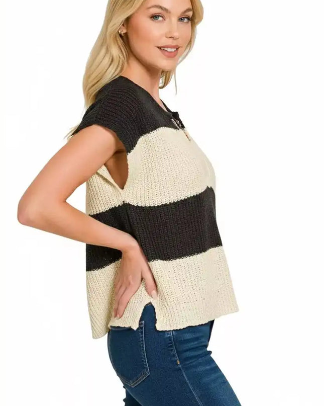 Zenana Split Neck Sleeveless Stripe Sweater - Sleekdenim.com