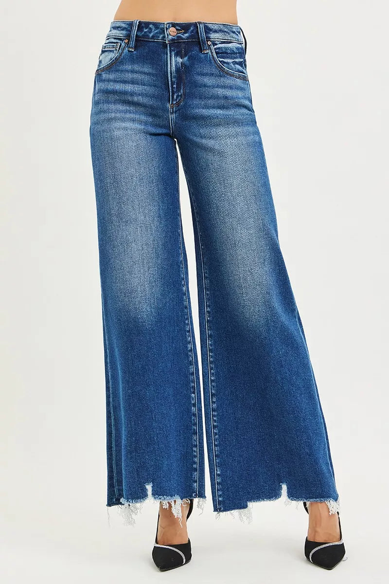 RISEN High Rise Wide Leg Jeans with Distressed Hem - Sleekdenim.com