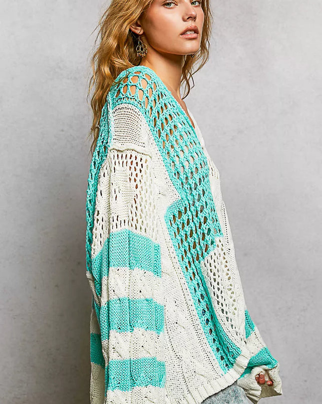 POL Color-Blocked Stripe Pattern Knit Top with Twisted Weave - Sleekdenim.com