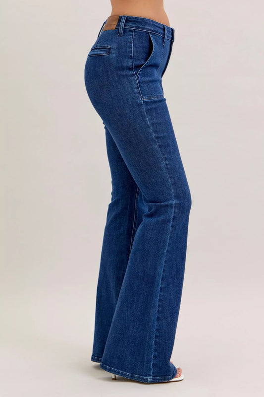 Judy Blue High Waist Flare Jeans with Front Patch Pockets - Sleekdenim.com