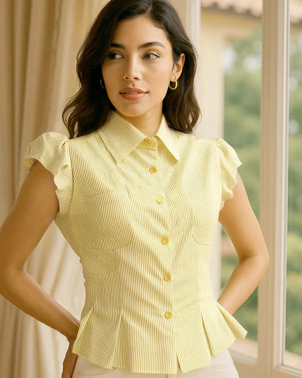 Striped Puff Sleeve Button-Up Shirt - Sleekdenim.com