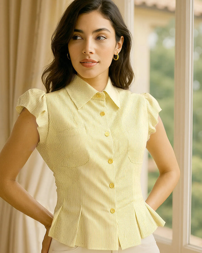 Striped Puff Sleeve Button-Up Shirt - Sleekdenim.com