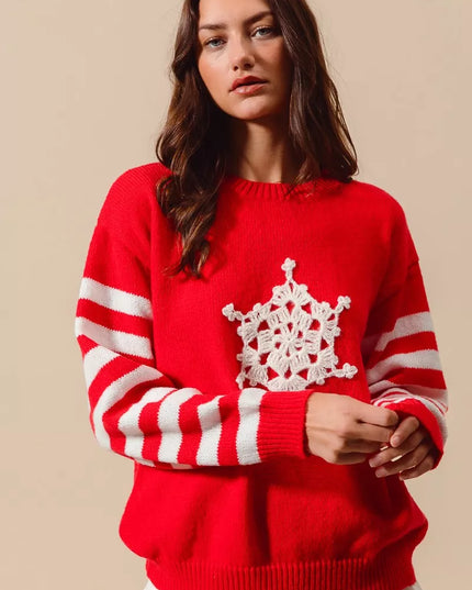 SO ME Christmas Snowflake Crochet Embellished Sweater - Sleekdenim.com