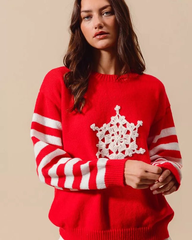 SO ME Christmas Snowflake Crochet Embellished Sweater - Sleekdenim.com